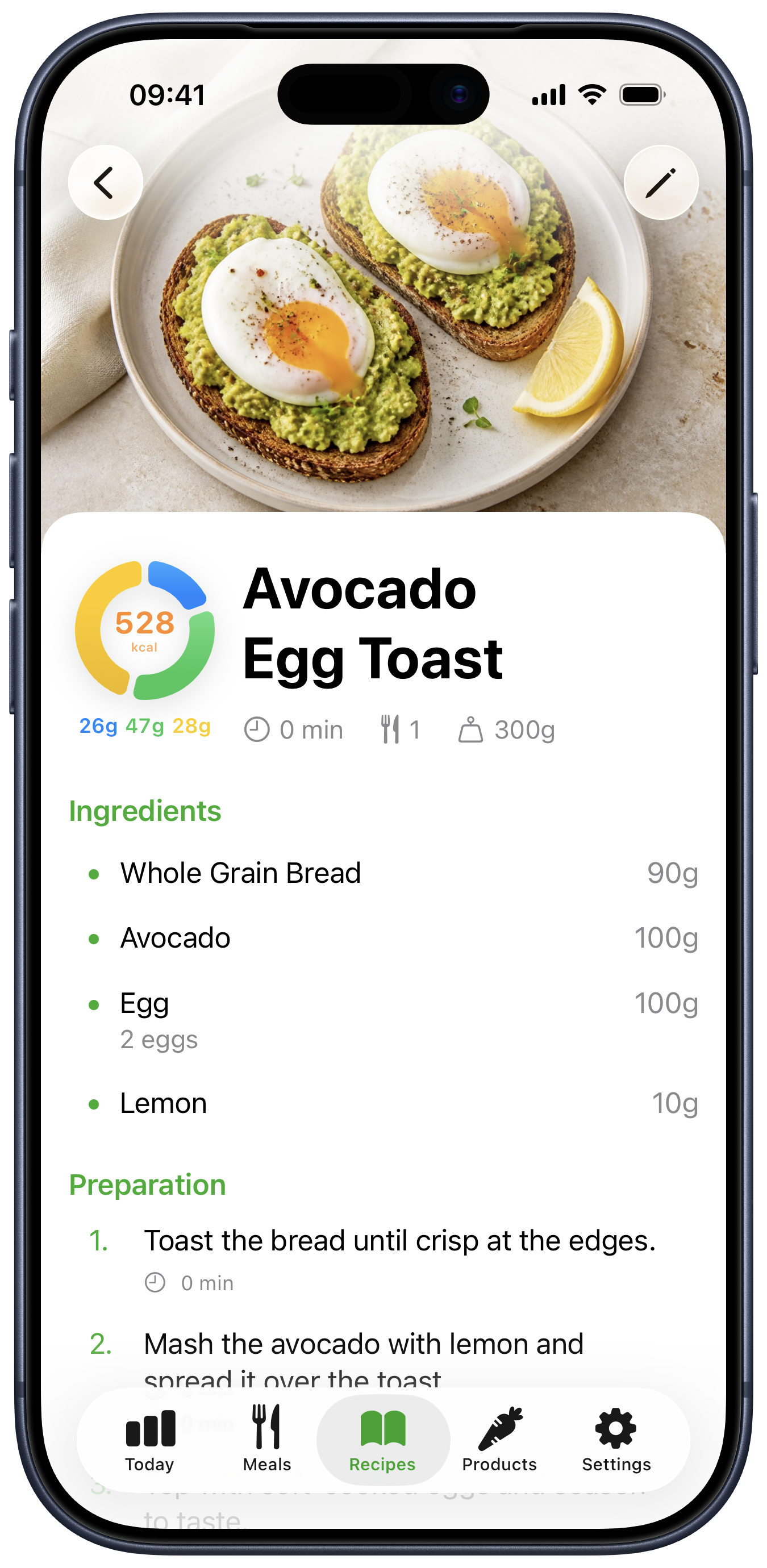 Avo recipe details with ingredients, steps, and tips